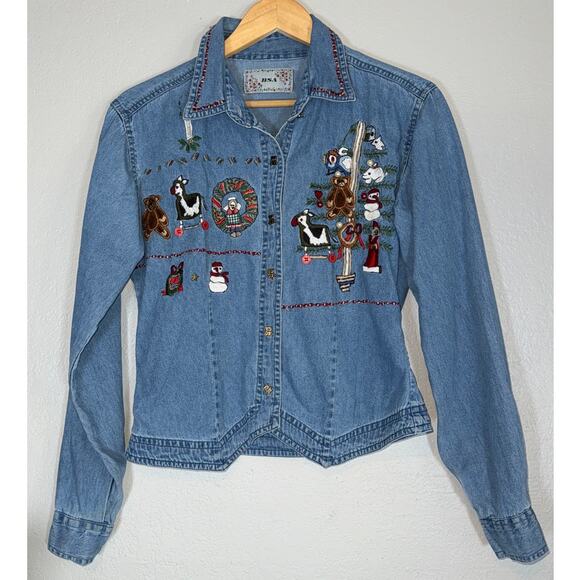 Vintage Denim Button Up Novelty Christmas Top Medium Country Cutesy Embroidered - Picture 1 of 8